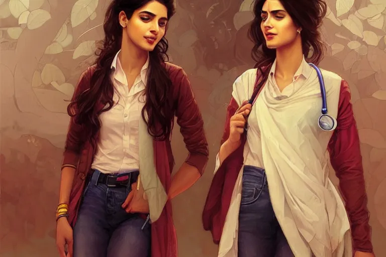 Image similar to Sensual good looking pale young Indian doctors wearing jeans in an airport, portrait, elegant, intricate, digital painting, artstation, concept art, smooth, sharp focus, illustration, art by artgerm and greg rutkowski and alphonse mucha