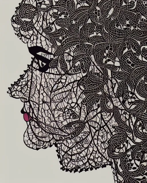 Prompt: a woman's face in profile, made of intricate decorative lace leaves, in the style of banknote illustration