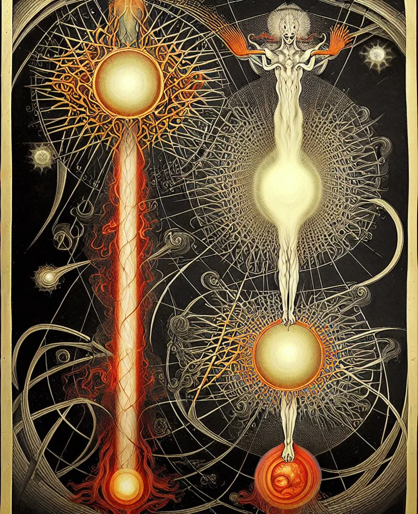 Image similar to a strange mythical creature radiates a unique canto'as above so below'while being ignited by the spirit of haeckel and robert fludd, breakthrough is iminent, glory be to the magic within, in honor of jupiter's day, painted by ronny khalil
