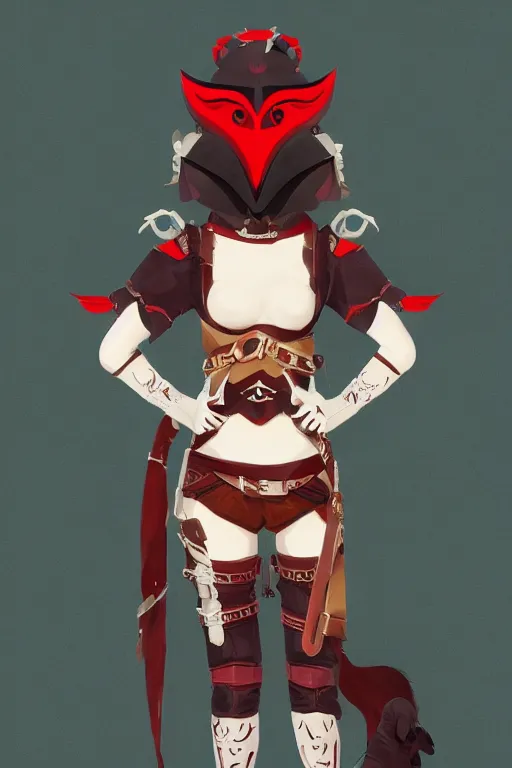 Image similar to female adventurer in tight full - body teal leather armor of japanese design with red accents and a white porcelain crow mask, trending in artstation, japanese, artstation, establishing shot