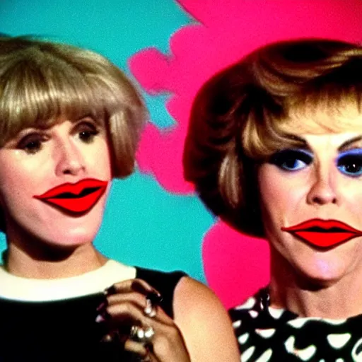 Image similar to 1982 twin women on tv talk show wearing an inflatable long prosthetic snout nose soft color, studio lighting, sitting on vinyl chairs, wearing stripes 1982 color film archival footage 16mm John Waters Russ Meyer Almodovar Doris Wishman