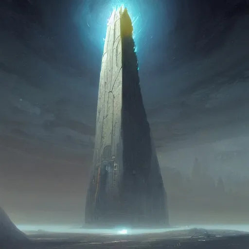 Image similar to pulp fantasy concept art painting of an alien monolith hovering over alien civilization, by greg rutkowski and james gurney