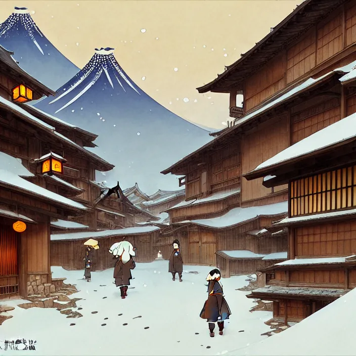 Image similar to japanese rural town, winter, in the style of studio ghibli, j. c. leyendecker, greg rutkowski, artem