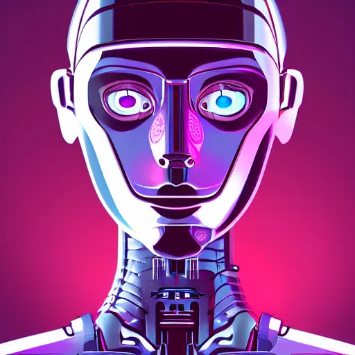Image similar to a robot lady, clear vector, vectorial curves, sci-fi, close-up, cybernetic implant, neon, cyberpunk, center frame portrait, 2D, matte-painting