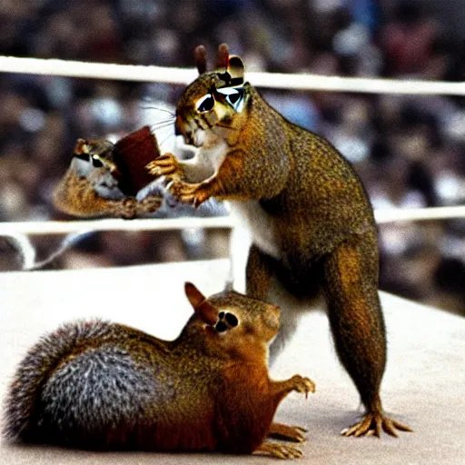 Prompt: a realistic squirrel wrestling at 1 9 8 0 s wrestlemania movie still