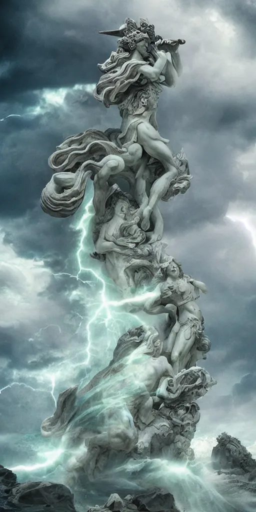 Image similar to gigantic marble statue of the god of the sea wielding a trident on an island. roiling waves at the base. scene lit by lightning. thunderclouds in the background. fantasy setting. magicians praying to the statue. purples and greens. fantasy aesthetic. extremely detailed. 4 k. digital art.