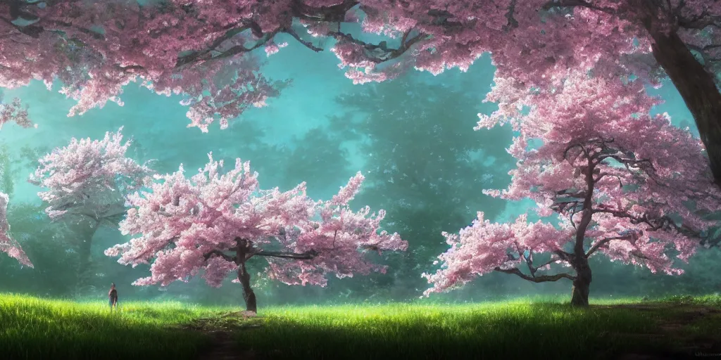 Prompt: a sakura tree, detailed oil painting, cinematic angle, hyperrealistic, breathtaking, volumetric lighting, cinematic lighting, dynamic, Studio Ghibli, digital art, octane render, epic composition, trending on artstation, masterpiece