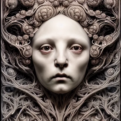 Image similar to detailed realistic beautiful porcelain calaveras goddess face portrait by jean delville, gustave dore, iris van herpen and marco mazzoni, art forms of nature by ernst haeckel, art nouveau, symbolist, visionary, gothic, neo - gothic, pre - raphaelite, fractal lace, intricate alien botanical biodiversity, surreality, hyperdetailed ultrasharp octane render