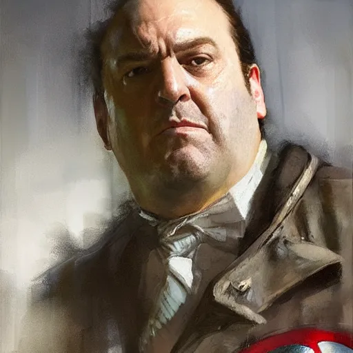 Prompt: portrait of a n emotional tony soprano in cosplay as captain america, by jeremy mann, anders zorn.