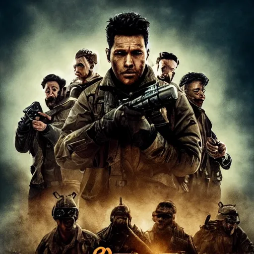 Image similar to cinema poster of blockbuster, 8k, post apocalypse, war themed, concept art, smooth, highly detailed, cinematic lighting, epic, sharp focus