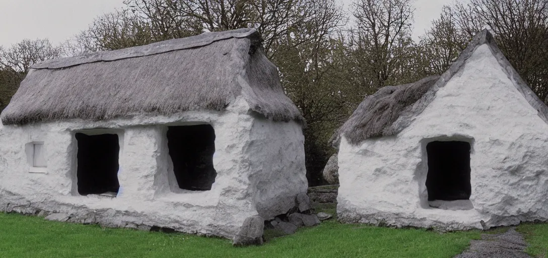 Prompt: scottish blackhouse constructed of ivory - white pentelic marble. fujinon premista 1 9 - 4 5 mm t 2. 9. portra 8 0 0.