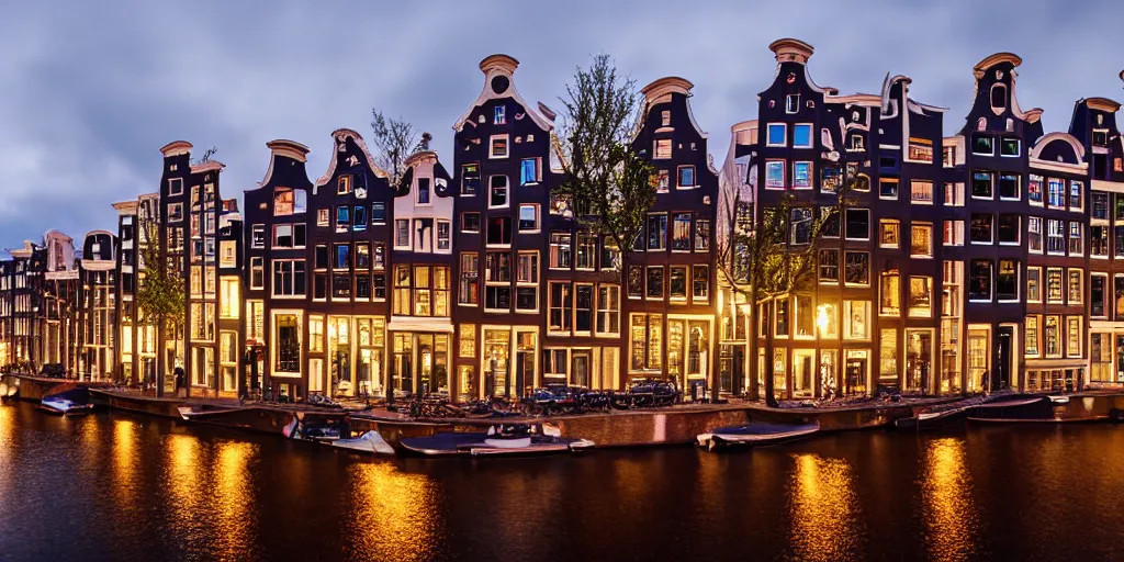 Image similar to realistic photo of Amsterdam ar night, leica, medium format, 8K, hyper realistic, very detailed,