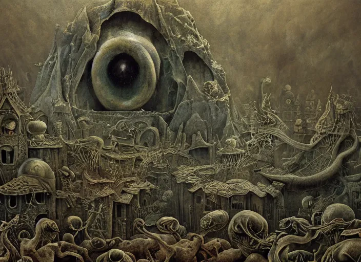 Image similar to matte painting in the style of hieronymus bosch, leonora carrington and zdzislaw beksinski : : intricate detailed study of a wild, psychedelic nightmare full of imaginary creatures : : ultra - detailed technical precision : : high definition 3 d render, unreal engine, 4 k, hi - res textures