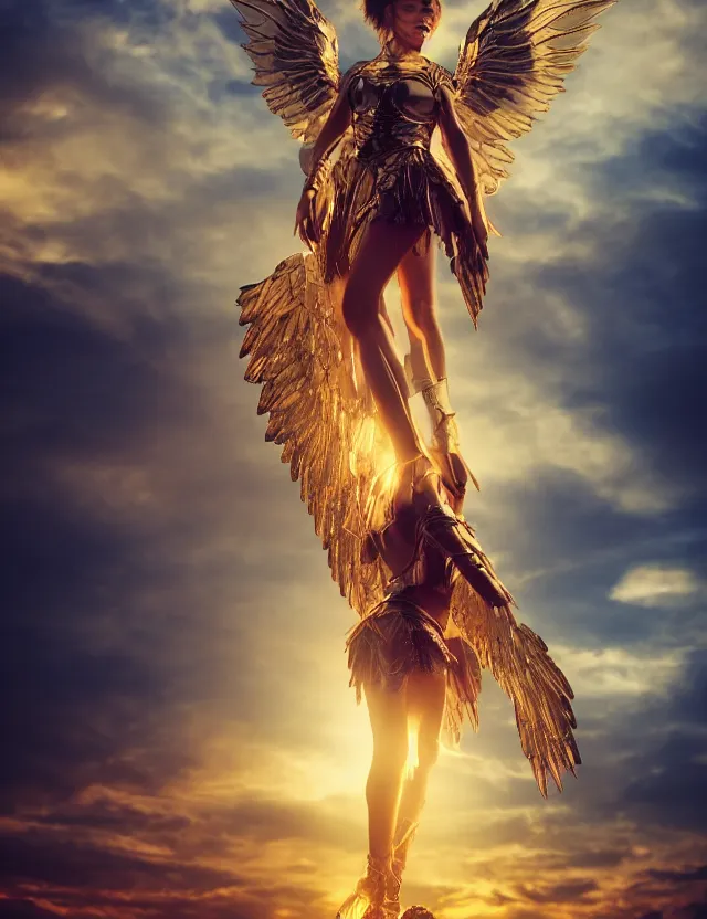 Image similar to Portrait of a fierce beautiful woman in glowing angelic battle armor and wings, among the clouds, golden hour photography, cinematic, epic, 4k, stylized, hyper realistic