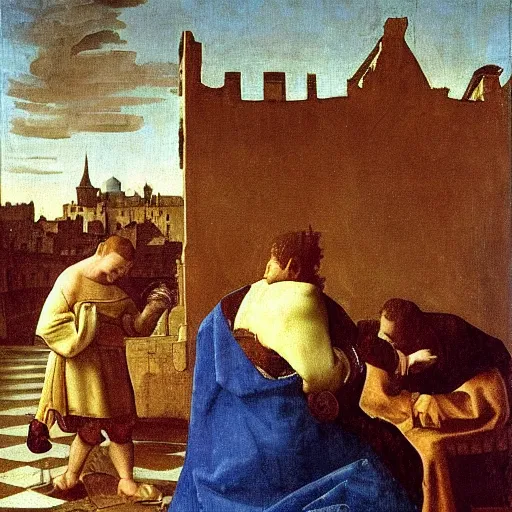 Prompt: Renaissance painting of living Gargoyle, detailed, horror, medieval port city backround, centered, Art by Vermeer