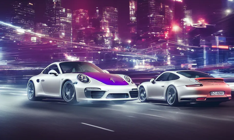 Image similar to photo of a porsche 911 at night driving fast through a city, cinematic, 4k, long exposure photography, blue and purple light