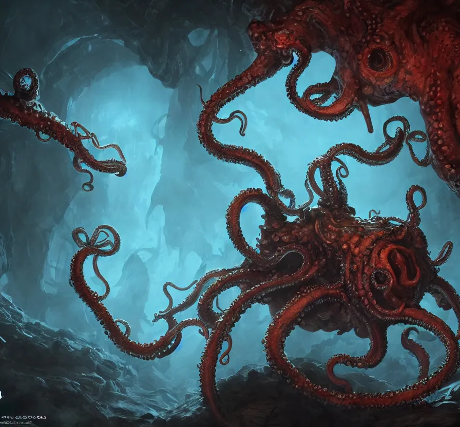 Prompt: beholder + d & d + tentacles + creature in dark cave, hd, hdr, ue 5, ue 6, unreal engine 5, cinematic 4 k wallpaper, 8 k, ultra detailed, by popular digital, artstation
