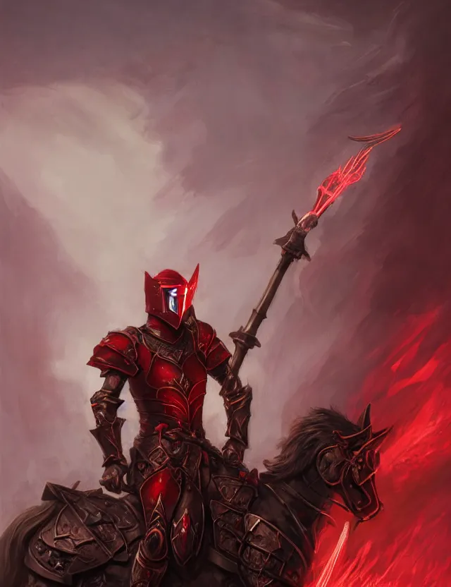 Image similar to a masked knight in crimson armour mounted on a spectral horse, holding a glowing red battle staff, by frank fazetta and peter mohrbacher, trending on artstation, digital art, 4 k resolution, detailed, high quality, hq artwork, coherent, insane detail, concept art, character concept, character full body portrait