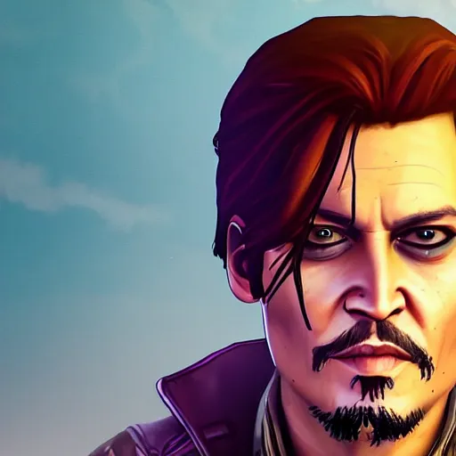 Image similar to johnny depp portrait, borderlands, tales from the borderlands, the wolf among us, comic, cinematic lighting, studio quality, 8 k