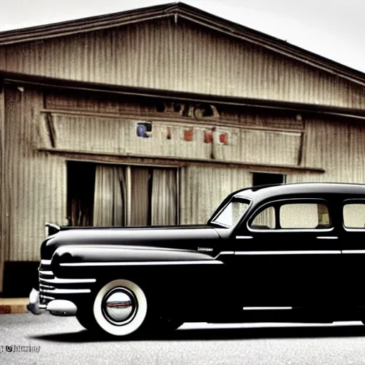 Prompt: 1 9 4 8 desoto car, black, driving through a 1 9 5 0 s town, in the style of norman rockwell