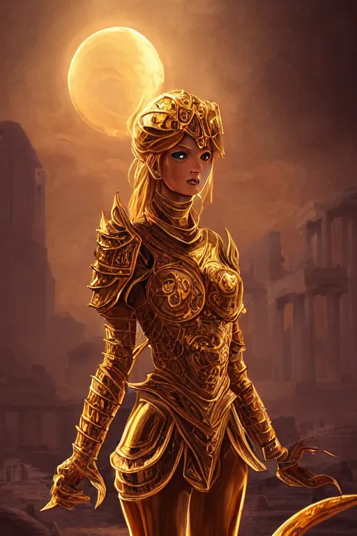Prompt: portrait knights of zodiac girl, golden and copper reflected armor, karate pose, in ruined agora of athens sunrise, ssci - fi and fantasy, intricate and very very beautiful and elegant, highly detailed, digital painting, artstation, concept art, smooth and sharp focus, illustration, art by z - - ed deviantart
