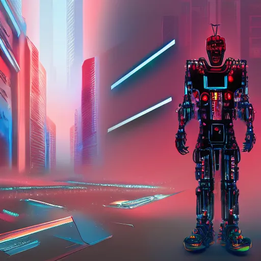 Prompt: cyberpunk giga - chad - robot - donald trump, sharp lines, digital, artstation, colored in