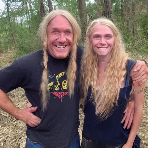 Prompt: photo of hillbilly smiling with long blonde hair near a bonfire