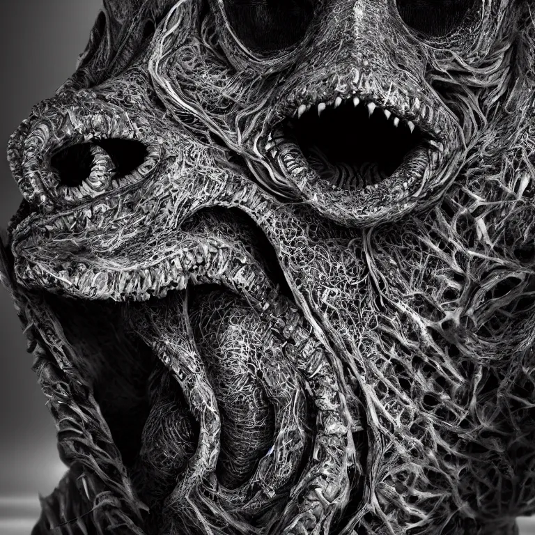 Prompt: surreal spinal ribbed tribal exotic organic face portrait of a beautiful alien animal creature monster, beautiful detailed intricate insanely detailed BW 3D render digital art, octane render, 8K artistic photography, photorealistic