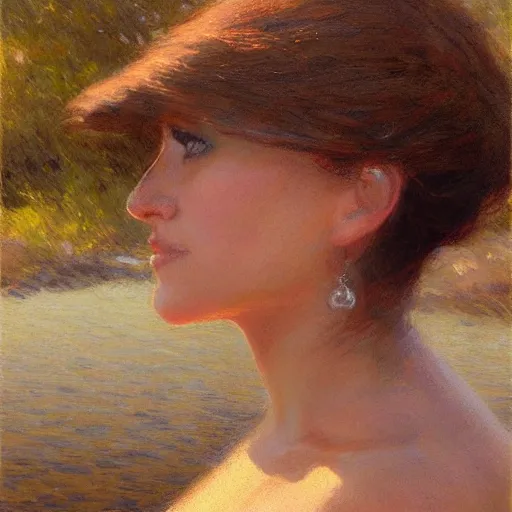 Image similar to elegant woman by the river, sunset, detailed face, correct face, painting by Gaston Bussiere, Craig Mullins