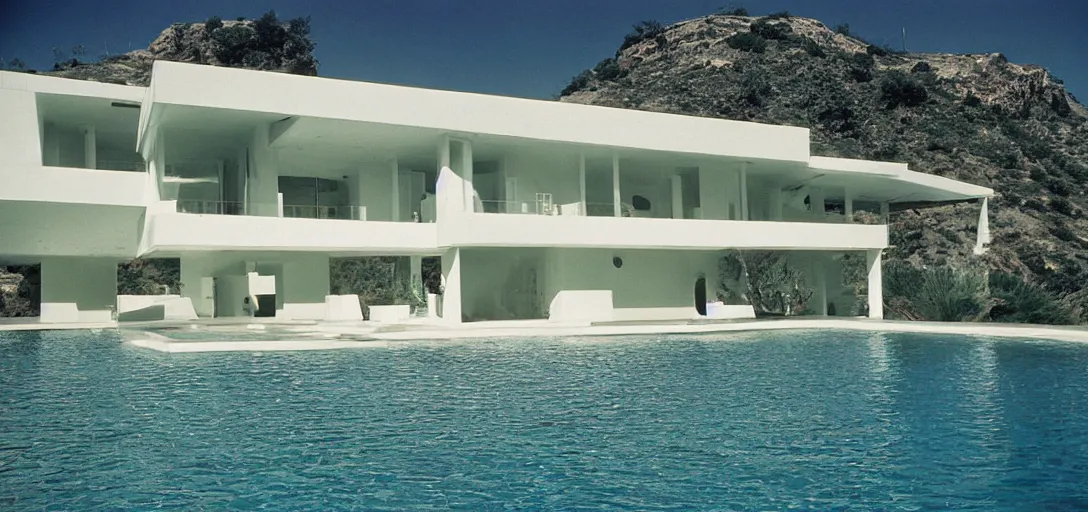 Image similar to ivory - white marble house designed by ictinus in california. photographed in 1 9 7 2. person swimming underwater in pool