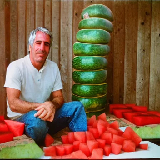 Image similar to a photo of jeffrey epstein sitting in a hut in hawaii with various square watermelons everywhere in the room, portra 4 0 0