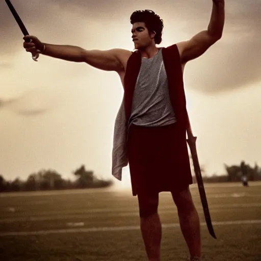 Prompt: Greek demigod wearing modern clothes wields a golden sword in the air and invokes a thunderstorm, long shot in a football field, 35mm, award-winning