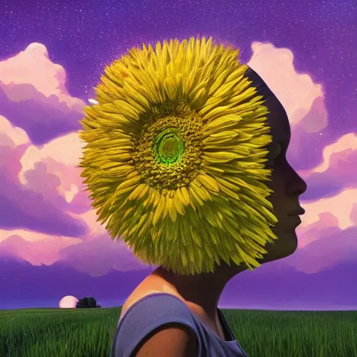 Image similar to giant daisy flowers as a head, girl walking in wheat field, hills, surreal photography, dark night, star trails, impressionist painting, dramatic clouds, digital painting, artstation, simon stalenhag