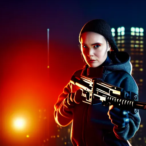 Image similar to photographic portrait of a techwear woman holding a shotgun, closeup, on the rooftop of a futuristic city at night, sigma 85mm f/1.4, 4k, depth of field, high resolution, 4k, 8k, hd, full color, Die Hard, movies with guns, movie firearms