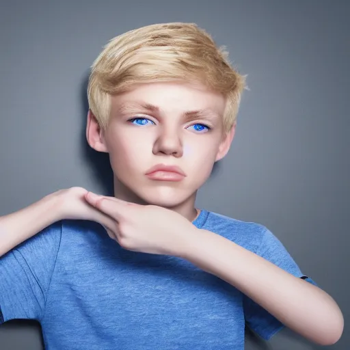 Image similar to portrait of a boy with his hand on his face, extremely realistic and real, photorealistic, blonde hair and blue eyes, detailed facial structure, real eyes that are detailed, real hands