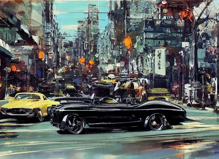 Image similar to hotrods driving down a street , vintage, highly detailed, 4K, by John Berkey