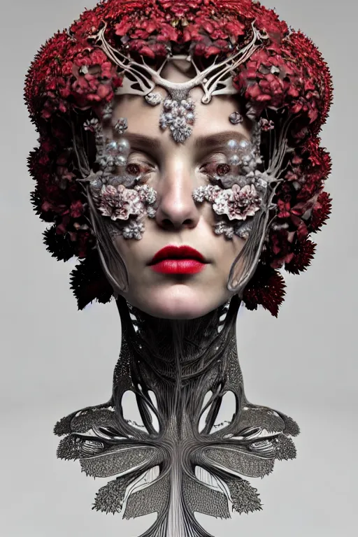 Prompt: complex 3 d render, hyper detailed ultrasharp biomechanical mandelbrot fractal filigree female cyborg portrait with a beautiful porcelain profile face, crown with big hydrangea foliage leaves stems roots, red lips, h. r. giger alexander mcqueen haute couture, art nouveau fashion, octane render, 8 k