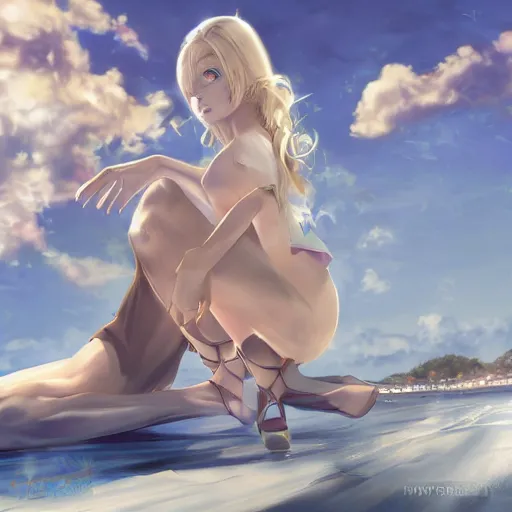 Image similar to tiny father a tall daughter picture : a very beautiful young blond anime girl, sky blue eyes, bikini, white miniskirt, highly detailed, cinematic wallpaper by stanley artgerm lau