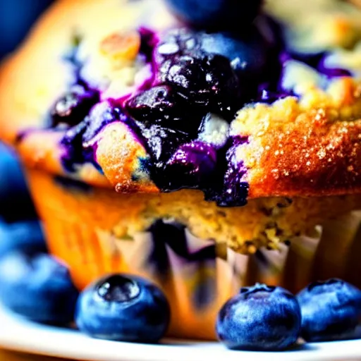 Image similar to the most delicious closeup macro photograph of a blueberry muffin, looks amazing and delicious, sugar crusted, baked to perfection juicey delicious blueberry mix