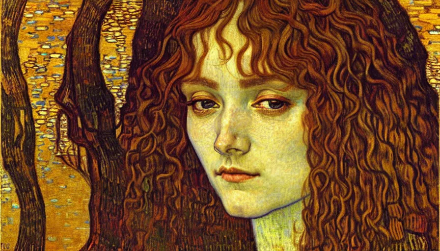 Image similar to detailed realistic beautiful young medieval queen face portrait by jean delville, gustav klimt and vincent van gogh, art nouveau, symbolist, visionary, gothic, pre - raphaelite, muted earthy colors, desaturated