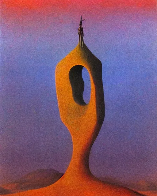 Image similar to surrealist pagan monument in the desert, strange surrealism, clean, in the style of surrealism by surrealistic beksinski dali, very bright colors