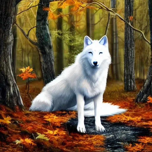 Image similar to white wolf with blue eyes in the autumn forest, blue eyes, realistic, 8 к, fullbody