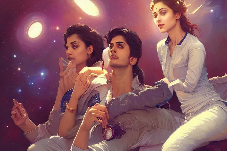 Image similar to Sensuous good looking pale young Indian doctors wearing jeans in a space station above Earth, portrait, elegant, intricate, digital painting, artstation, concept art, smooth, sharp focus, illustration, art by artgerm and greg rutkowski and alphonse mucha