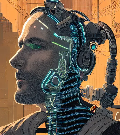 Image similar to a cyberpunk man with multiple digital patchwork faces, techwear, Industrial Scifi, detailed illustration, character portrait, by Martin Grip and Moebius