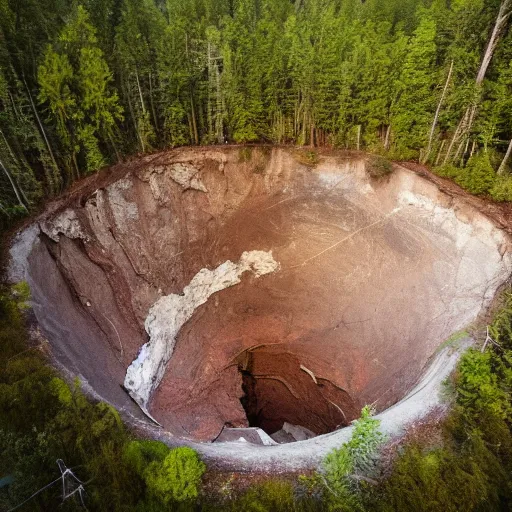 Prompt: a large sinkhole in the middle of a forest, aerial view, creepy