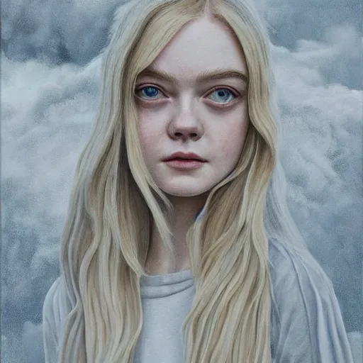 Prompt: professional painting of Elle Fanning in the style of Lee Madgwick, head and shoulders portrait, symmetrical facial features, smooth, sharp focus, illustration, intricate, stormy weather, extremely detailed masterpiece,