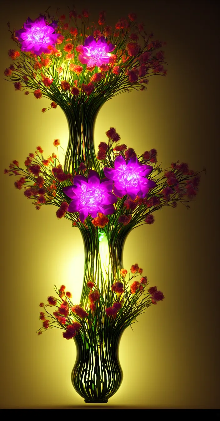 Prompt: realistic photo of beautiful glowing flowers in vase, sharp focus, smooth dark background, wide angle shot, very hyper realistic, highly detailed, fantasy art station