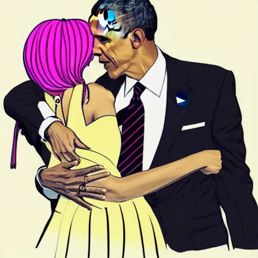 Image similar to barack obama hugging nicki minaj from behind, highly detailed illustration