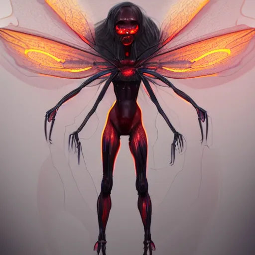 Prompt: hot humanoid insect woman, slender and muscular build, large mosquito wings, evil smile and glowing eyes, burning world, detailed, dark art, digital art, artstation, concept art, 4 k, 8 k