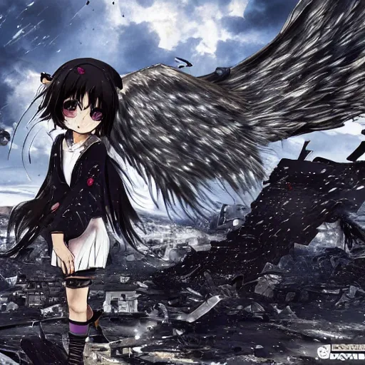 Image similar to hundred sad angry anime girls with wings flying over destroyed city and homes, highly detailed